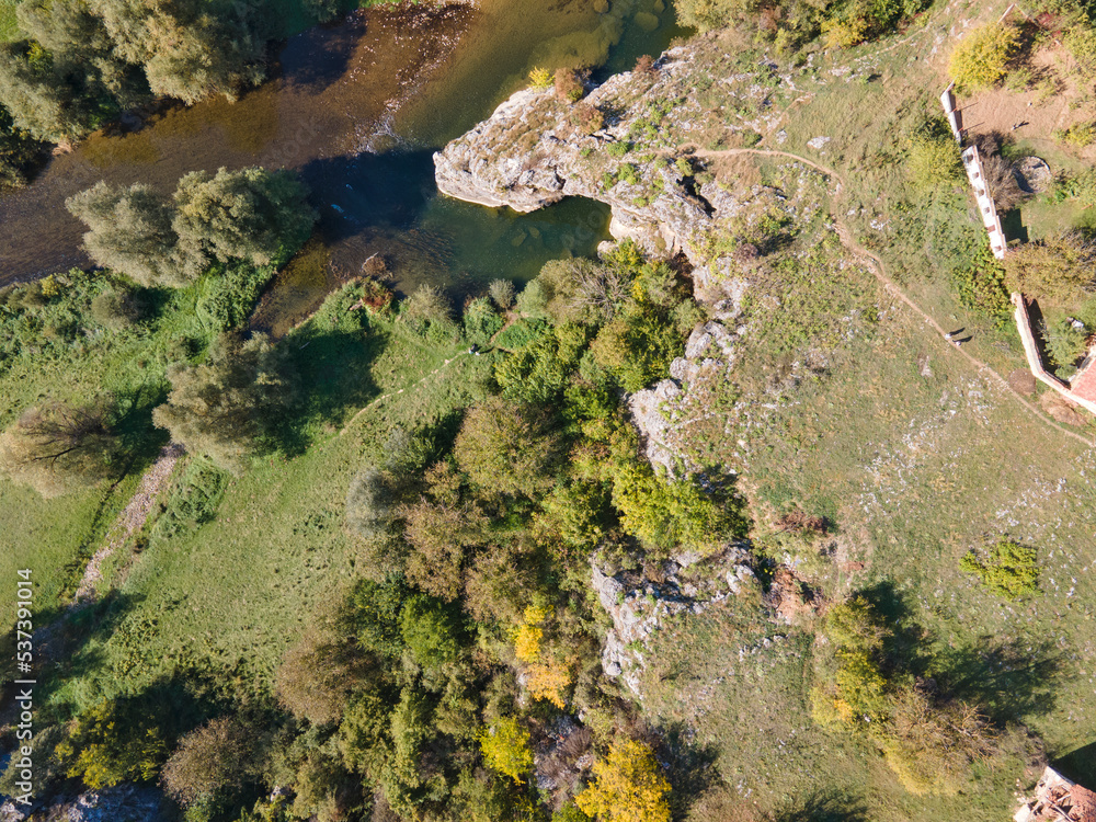 Aerial view of Vit river, passing near village of Aglen, Bulgaria Aerial view of Vit river, passing near village of Aglen, Bulgaria