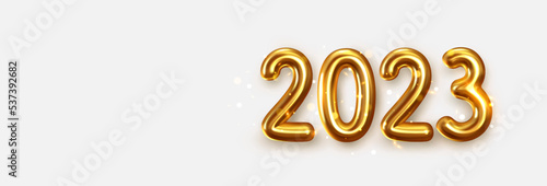 Happy New Year 2023. Golden metal numbers. Realistic 3d render signs. Luminous bright splash of gold bokeh lights. New year banner web poster, website header with number, vector illustration