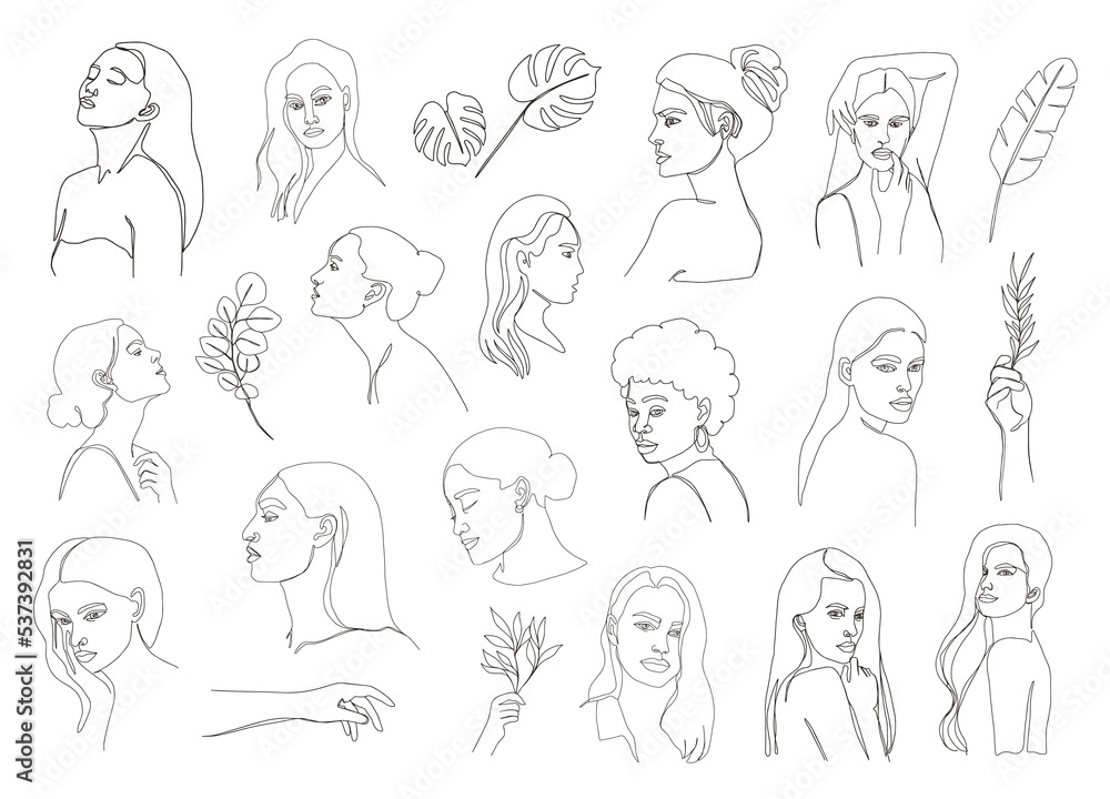 Set of posters template with minimalistic female figure. Woman portraits. One line art female body, faces. Modern abstract line art style. Vector illustration Set of posters template with minimalistic female figure. Woman portraits. One line art female body, faces. Modern abstract line art style. Vector illustration