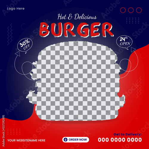 Hot & spicy testy burger fast food restaurant business marketing, fresh pizza, green vegetable, pasta social media or web banner template design.