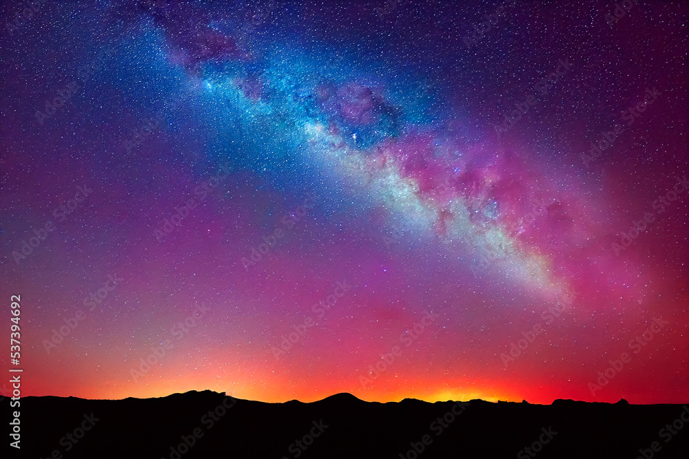 Fototapeta premium Milky way galaxy with star and space dust in the universe planet night sky background over mountain.