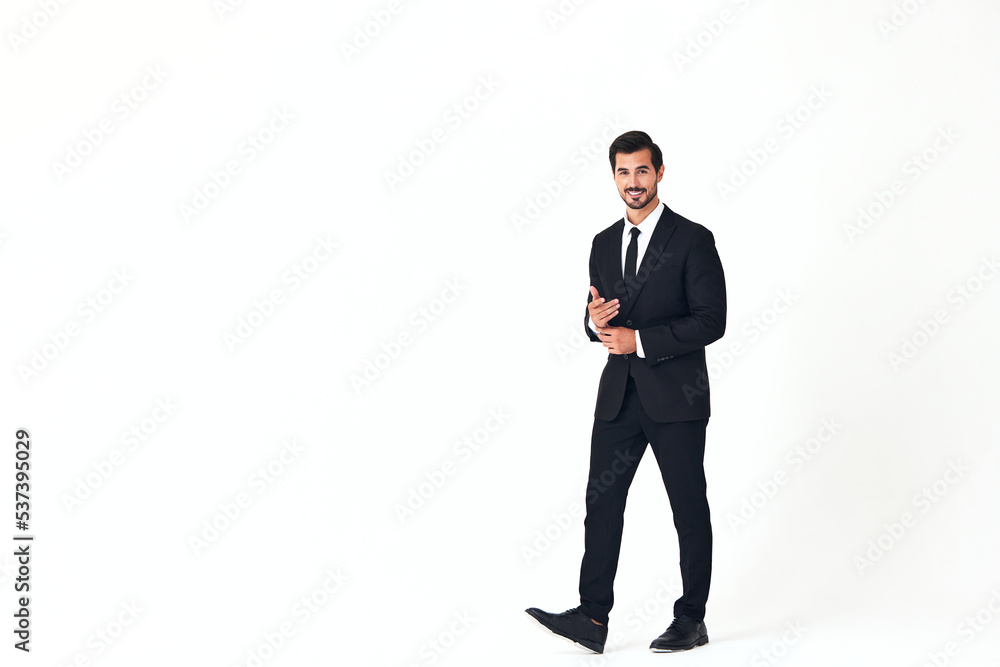 Man business smile with teeth in a suit business job walks open mouth happiness and surprise full-length on white isolated background copy space Man business smile with teeth in a suit business job walks open mouth happiness and surprise full-length on white isolated background copy space