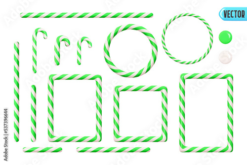 Candy cane Christmas set decorations, square frame, round ring frame, green white straight line, realistic 3d design. Collection New Year Holiday elements. Xmas Striped candy cane. Vector illustration