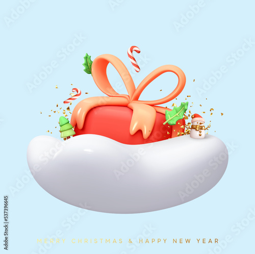 Merry Christmas and Happy New Year festive background. Xmas holiday, bright greeting card, web poster, banner, flyer cover, brochure. Realistic 3d design gift box on snowy cloud. Vector illustration