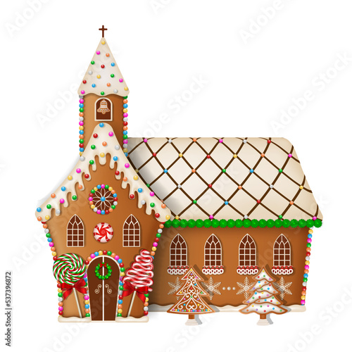 Christmas gingerbread church with candies and cookies