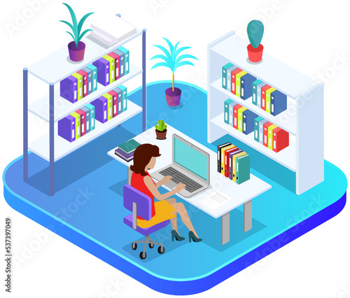 Office workplace. Business woman working with laptop and documents on shelf. Employee working from home, remote job using personal computer for tasks completion. Student studying independently