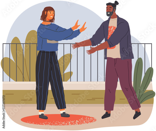 Husband and wife shouting blaming each other of problem. Man and woman quarreling relationships, unhappy young family fighting concept. Angry, arguing couple of people shouting in park