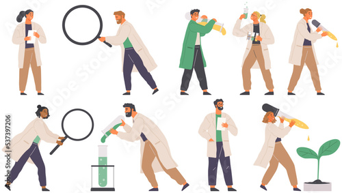 Scientist makes laboratory analysis with equipment. Idea of chemistry, science. Laboratory assistant conducts scientific experiment, chemical research works with flask, plants and DNA molecules