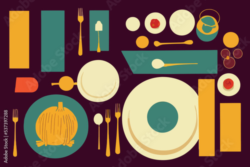 Tableware and a turkey in a plate - Thanksgiving dinner theme