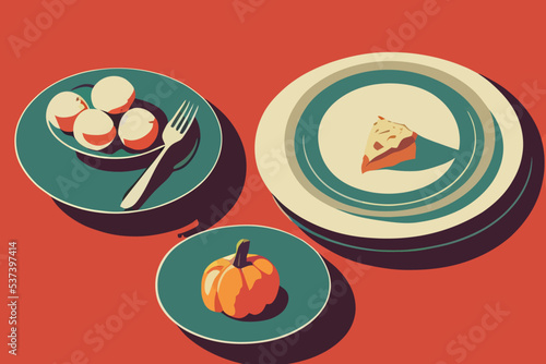 Red background with pumpkin eggs and a pie on plates - Thanksgiving dinner theme
