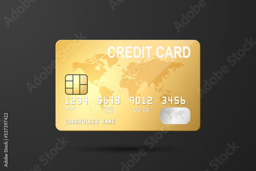 Vector 3d Realistic Yellow Golden Credit Card on Black Background. Design Template of Plastic Credit or Debit Card for Mockup, Branding. Credit Card Payment Concept. Front View