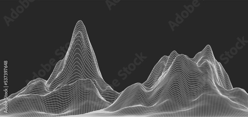 Abstract wireframe background. 3D grid technology illustration landscape. Digital Terrain Cyberspace in the Mountains with valleys. Data Array. Triangle polygons. White on Black. Vector Illustration.