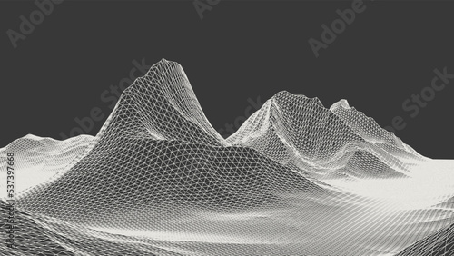 Abstract wireframe background. 3D grid technology illustration landscape. Digital Terrain Cyberspace in the Mountains with valleys. Data Array. Triangle polygons. White on Black. Vector Illustration.
