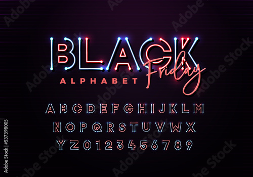 Black Friday sale alphabet. Vector typeface for promotional content, web banners, related with sales, discounts. Letters and numbers in blue and red with led neon light effect