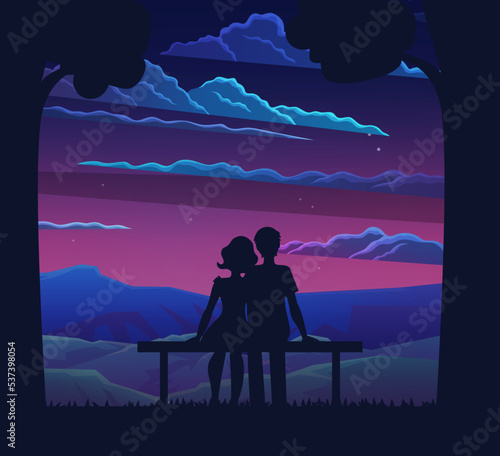 Couple in love cuddling and sitting on bench at night time, admiring sunset romantic date concept, silhouette of man and woman having good time together. On background cloudy sky and forest
