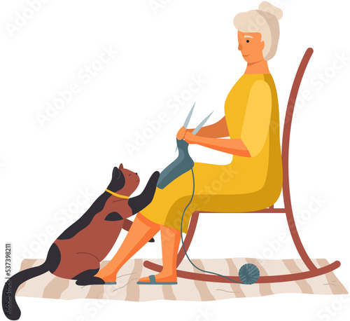 Woman knitting in her rocking-chair. Elderly lady sitting with cat. Senior person knitting socks and spending time with pet. Aged female character with kitty at home isolated on white grandmother