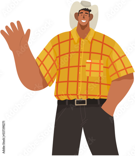 Portrait of smiling man saying hello and waving with hand. Hi or bye gesture. Happy guy in cowboy hat greeting and welcoming smb. Guy say bye and gesturing in friendly way. People greeting motion
