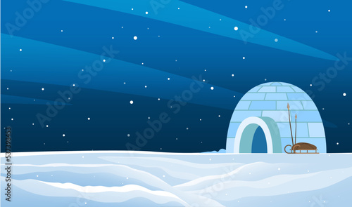 Igloo made from ice bricks in snowy winter landscape. Housing for indigenous north families. Snow house or hut single located on ground. Beautiful view of circumpolar place in Arctic, north pole