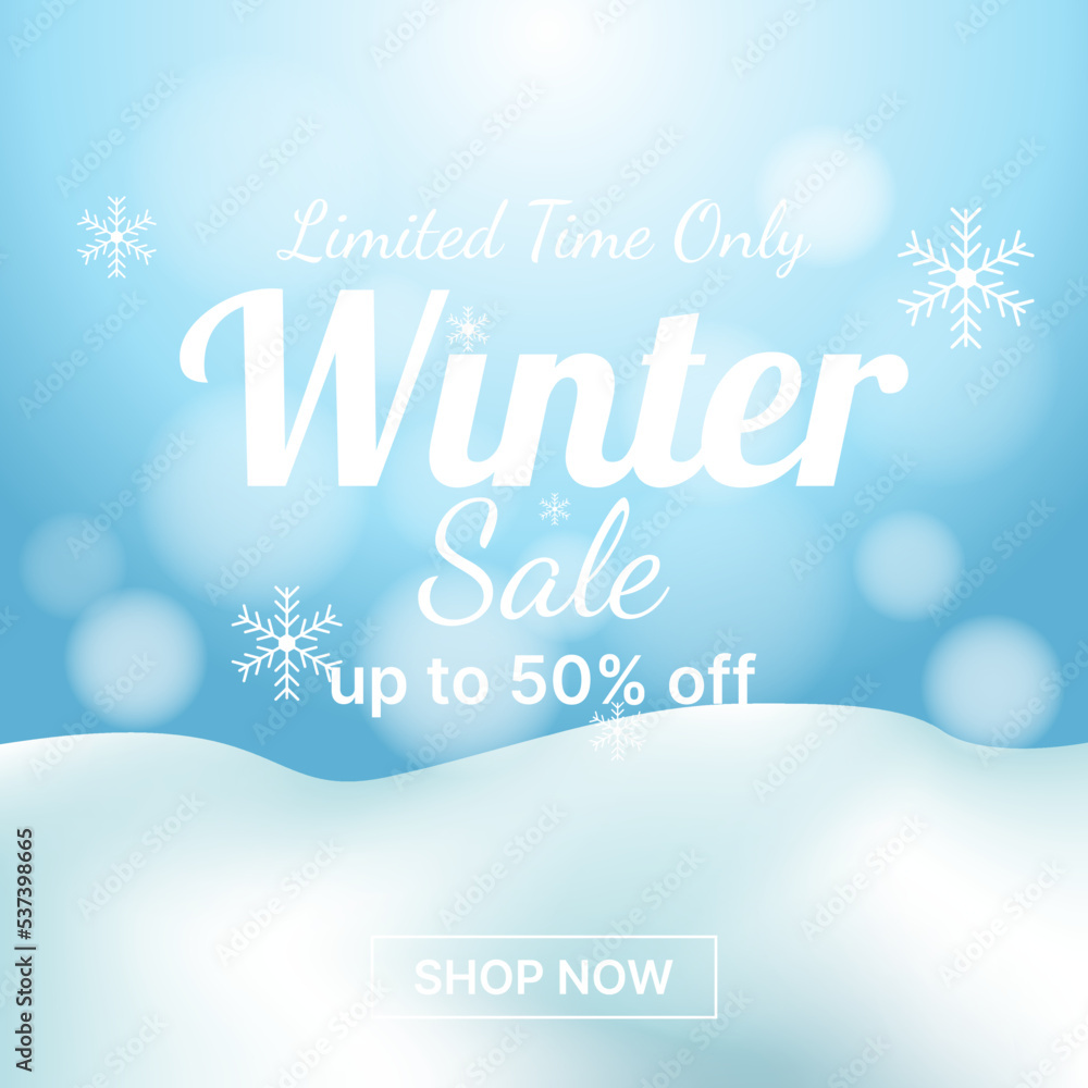 Winter sale square banner with snowflake, snow and light. suitable for social media post or etc.