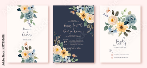 wedding invitation set with blue yellow watercolor floral