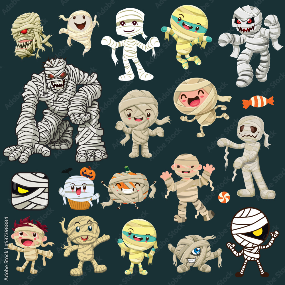 Fototapeta premium Vintage Halloween poster design with vector mummy, jack o lantern character set.
