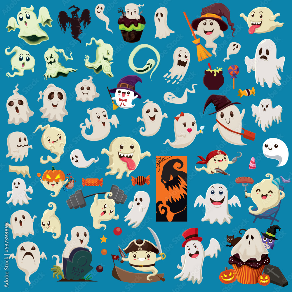 Vintage Halloween poster design with vector ghost, jack o lantern character set. 