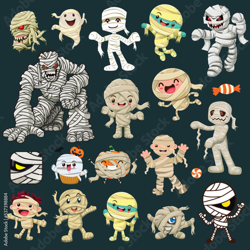 Vintage Halloween poster design with vector mummy, jack o lantern character set.