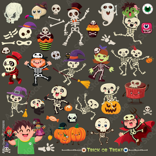 Vintage Halloween poster design with vector skeleton Jack o lantern character set. 