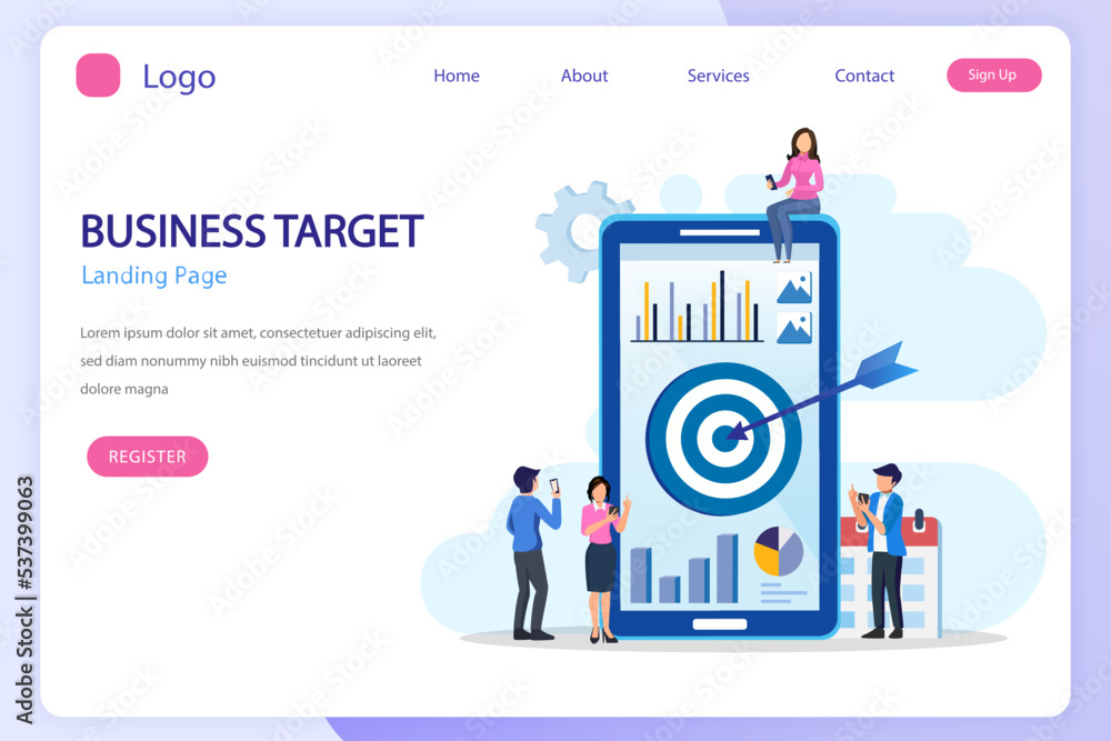 Business target concept. People working together on giant mobile phone for reach the target. Goal achievement, Flat vector template Business target concept. People working together on giant mobile phone for reach the target. Goal achievement, Flat vector template