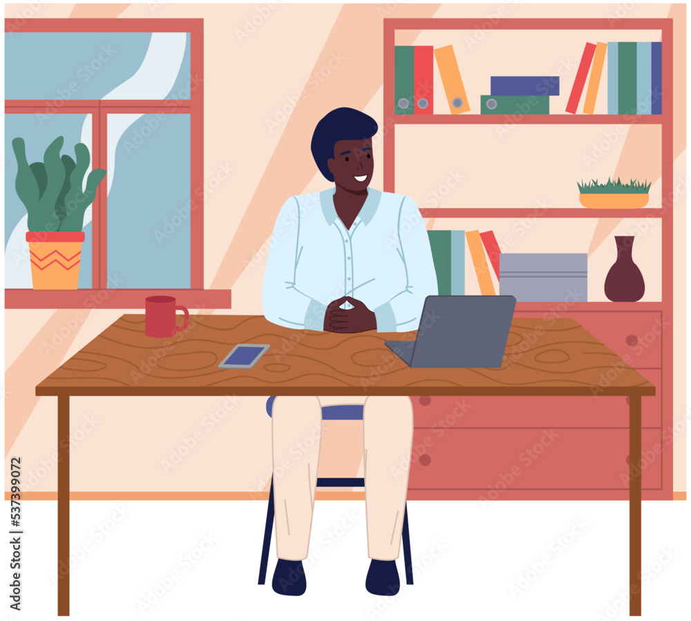 Man working at office with computer at workplace. Employee manager or businessman sitting at desk, looking at laptop, writing notes, doing tasks. Effective time management, workspace, workflow Man working at office with computer at workplace. Employee manager or businessman sitting at desk, looking at laptop, writing notes, doing tasks. Effective time management, workspace, workflow