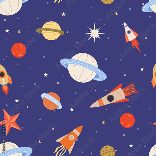 Seamless childish pattern with space elements. Creative background with astronaut flying among rockets and planets. Design of galaxy print for kids abric, wrapping, wallpaper, textile, apparel