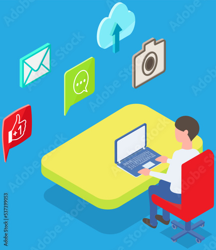 Man analysing messenger and mobile applications. Sms messages, app for communication. Guy makes notes in computer and studies program, social network icons background. Employee works with laptop