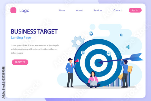 Business target concept. People working together on giant mobile phone for reach the target. Goal achievement, Flat vector template
