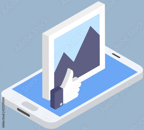 Mobile gallery picture on display vector illustration. Smartphone screen with photo and video storage app icon. Virtual storage, application for images. Posting photos to social network concept