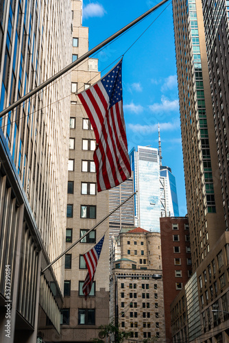 New York street with American flag as a symbol of patriotism and respect