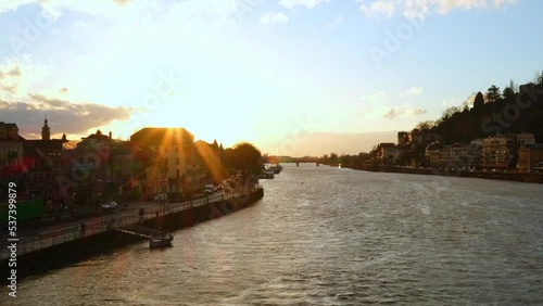 sunset view of river Neckar in Heidelberg, Germany from Theodor-Heuss Bridge