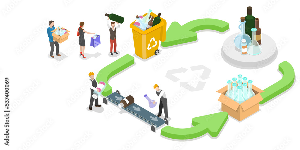 3D Isometric Conceptual Illustration of Glass Recycle Process Infographic 3D Isometric Conceptual Illustration of Glass Recycle Process Infographic