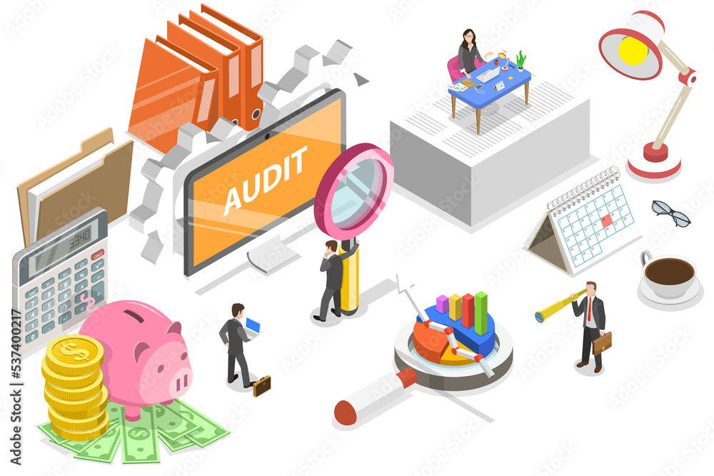 3D Isometric Flat  Conceptual Illustration of Accounting and Auditing.