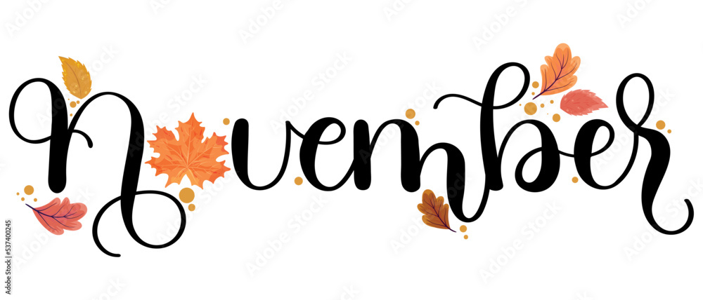 Hello November. NOVEMBER month vector with leaves. Text calligraphy  Decorative letters floral background. Illustration November Calendar Stock  Vector | Adobe Stock