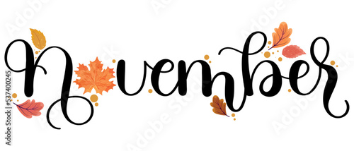 Hello November. NOVEMBER month vector with leaves. Text calligraphy Decorative letters floral background. Illustration November Calendar