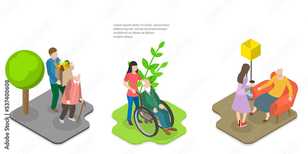 3D Isometric Flat Conceptual Illustration of Elderly Care 3D Isometric Flat Conceptual Illustration of Elderly Care