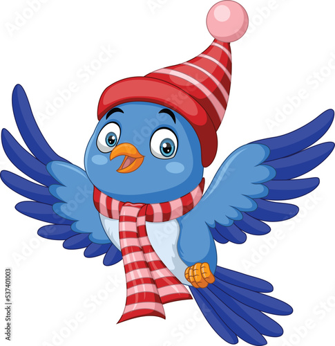 Cartoon blue bird wearing christmas santa hat and scarf
