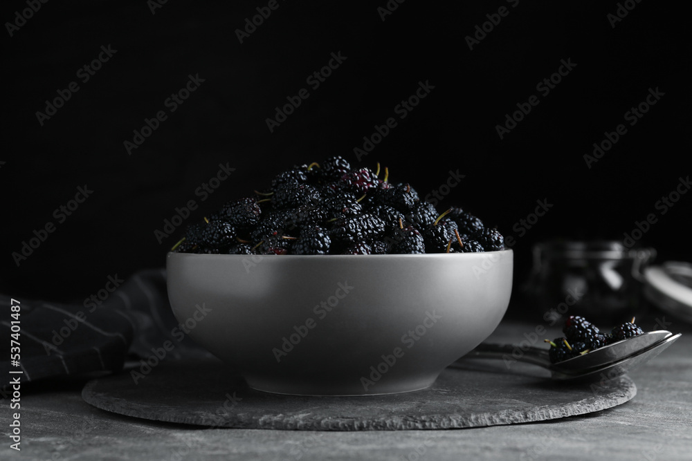 Bowl of delicious ripe black mulberries on grey table Bowl of delicious ripe black mulberries on grey table