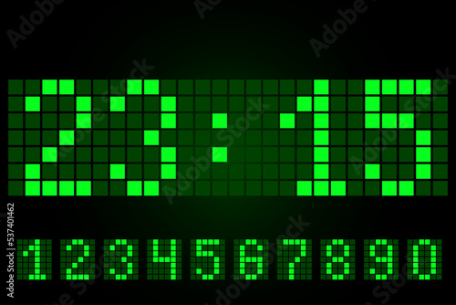 green clock black background. Time clock. Neon font. Vector illustration. Stock picture. 