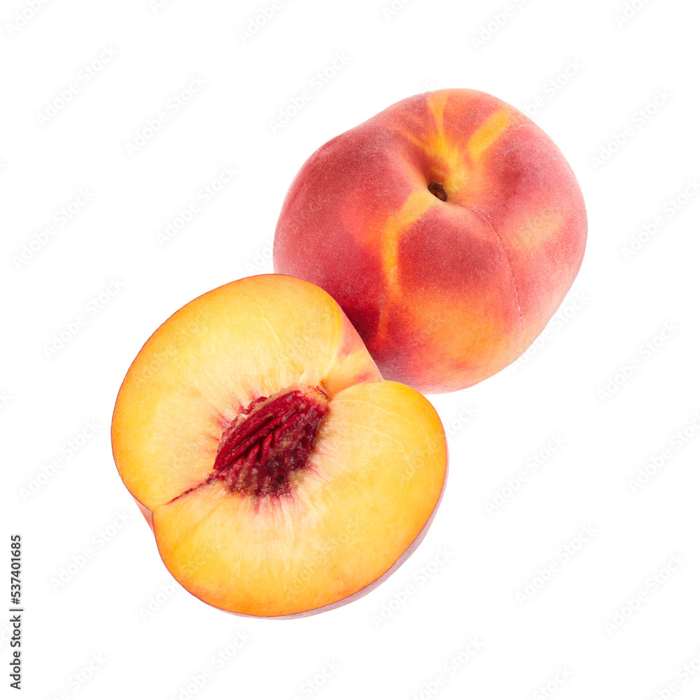 Whole and cut ripe peaches isolated on white Whole and cut ripe peaches isolated on white