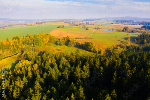 Impressive colorful autumn landscape of trees in park and river  view from drone