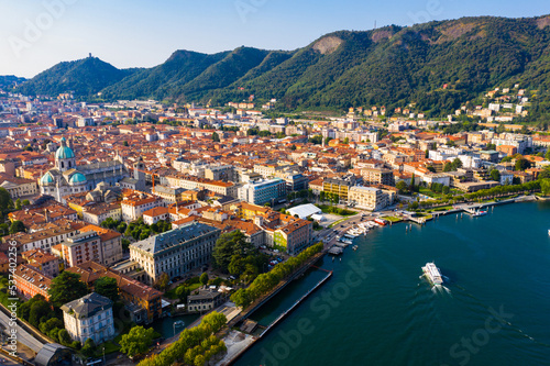 Aerial view of city center Como with embankment of lake Como. Italy
