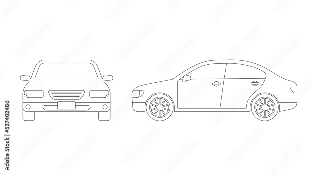 Sedan car line drawing illustration. Front view and side view. Sedan car line drawing illustration. Front view and side view.