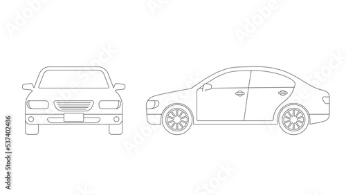 Sedan car line drawing illustration. Front view and side view.