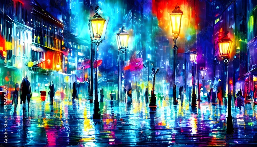 Naklejka premium The city street is alive with colors and the calm of night. Thestreetlights are a soothing presence, providing light and safety tothose who walk beneath them.